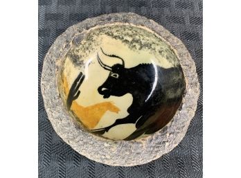 Unique Glazed Art Pottery Bowl With Bull Interior Signed