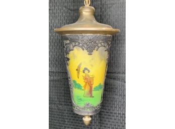 Antique Asian Reverse Painted On Glass Hanging Lamp