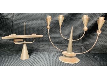 Lot Of  (2)  Primitive Tin Candle Holders