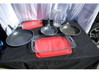 6 Frying Pans And Pyrex Bakeware
