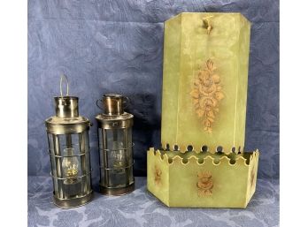 Decorative Kerosene Lanterns &  Vintage 2pc Metal Wall Planter