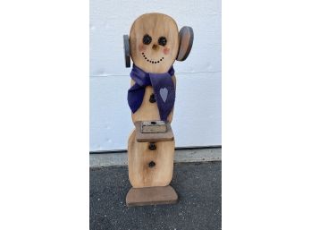 Wooden Snowman Statue With Candlestick Holder