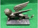Antique Bronze Sculpture Winged Lion Of Saint Mark On Black Marble Base. Nice Detail And Nice Patina.