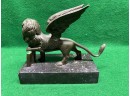 Antique Bronze Sculpture Winged Lion Of Saint Mark On Black Marble Base. Nice Detail And Nice Patina.