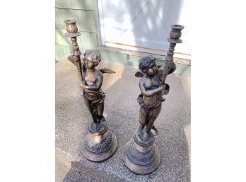 LARGE Antique Bronze Cherub Candle Holders