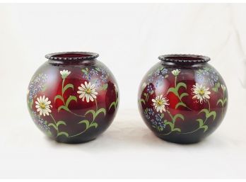 Pair Of Hand Painted Ruby Glass Vases