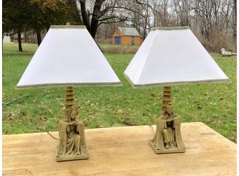 Pair Of Mid Century Asian Chalkware Lamps With Original Shades
