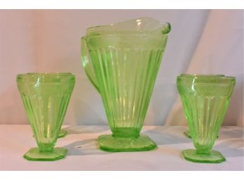 Green Glass Pitcher And Glasses