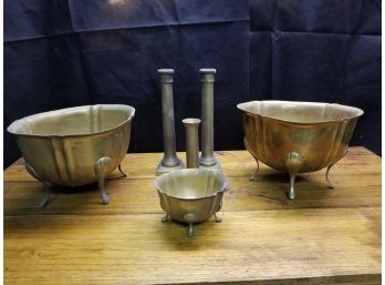 Brass Footed Planters And Candlesticks