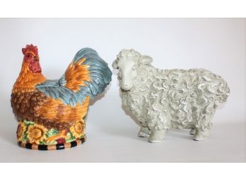 Gibson Hand Painted Rooster Cookie Jar & Decorative Sheep