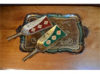 Vintage Decorative Wood Tray And Scoops