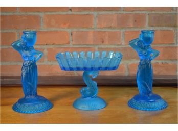 Vintage Blue Pressed Glass Candlestick Set Three Pieces