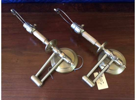 Pair Of Contemporary Brushed Brass Swing Arm Wall Sconces, Retail $450