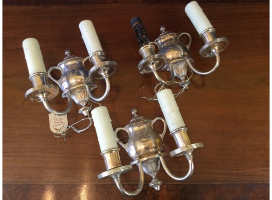 Three Silver Plated Teapot Form Sconces