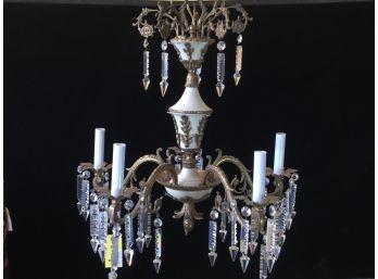 Cast Spanish Brass With White Paint Decoration And Hand Cut European Crystal Prisms