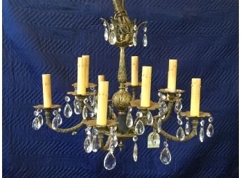 Cast Spanish Brass Chandelier With Crystal Pendants