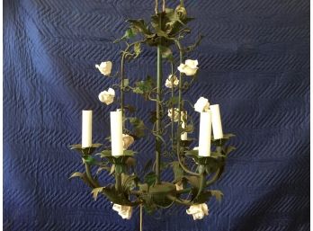 Green Tole With White Porcelain Flowers, Six Arm Chandelier