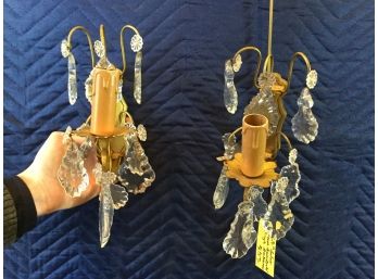 Pair Of Mid 20th Century French Brass And Crystal Sconces