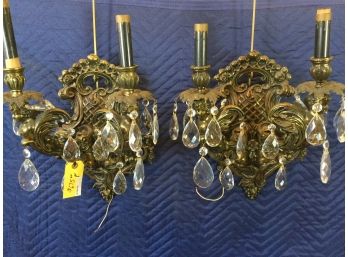Pair Of Vintage Rococo-Style Two Arm Sconces With Crystals, Retail $675