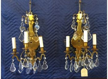 Pair Of French Three-arm Bronze Sconces With Crystals, Retail $1850
