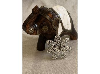 Elephant Figurine And Silver Tone Brooch