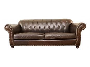 Genuine Leather Dark Brown Tufted Two Cushion Couch With Nailhead Trim