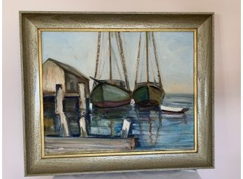Vintage Oil Painting Of Boats In Dock