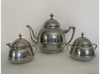 Engraved Vintage Pewter Teapot Sugar And Creamer