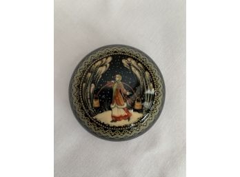 Hand Painted Palekh Russian Lacquered Small Round Box