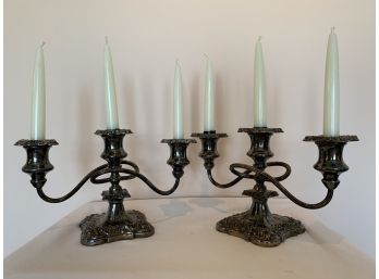 Pair Of Patinated Three-candle Candelabras