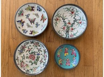 Four Japanese Porcelain Plates With Metal Rim