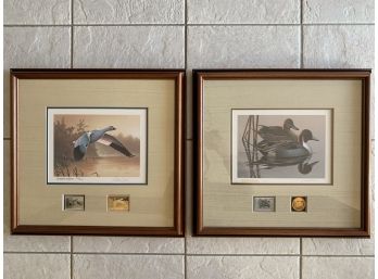 Two Framed Federal Duck Stamp Prints & 24K Gold Plated Medallions