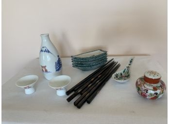 Group Of Asian Cups & Soy Vase