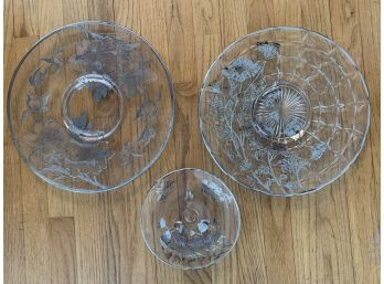 Three Pressed Glass Pieces With Silver Overlay