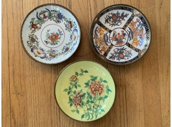 Three Japanese Porcelain Plates With Brass Rim/base