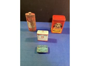 4 Vintage Metal Tins, Great Advertising Pieces, In Great Shape