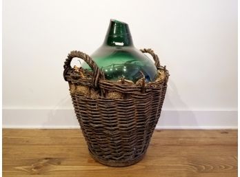 Vintage Jumbo Green Glass Wine Bottle In Wicker