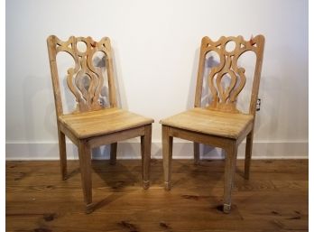 Pair Hand Carved Pine Side Chairs
