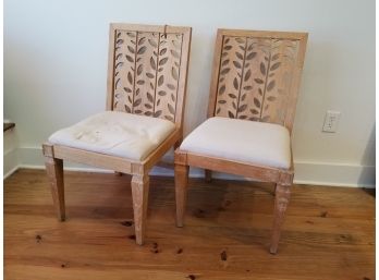 Limed Oak Carved Leaf Motif Side Chairs - Pair