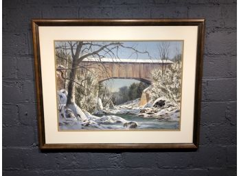 LARGE Original Watercolor By Listed Artist Alfred Barbour -  Titled Covered Bridge