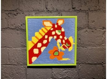 Colorful Vintage Needle Point Wall Art Of Giraffe In Retro Green Frame