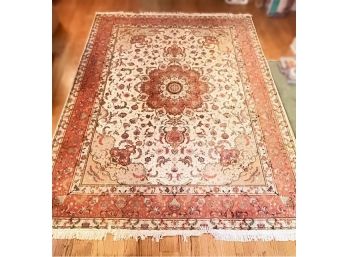 Large And Lovely Hand Knotted Persian Tabriz Rug In Shades Of Orange Green And Beige With Info Tags