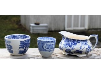 Mixed Lot Of Early 1900s Blue Transferware Including Alfred Meakim Pitcher, Wedgewood Cup & Unmarked Cup