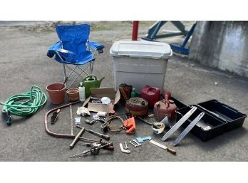 Mixed Lot-vintage Metal Gas Cans, Adult Chair, Chainsaw Blades & Case, Miscellaneous Tools, Huge Bin & More