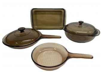 Pyrex Vision-USA, UK And France-18' Rectangle Pan, Two Saute Pans And Lidded Bowl