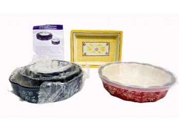 NOS Temptations Presentable Ovenware By Tara-Floral Lace- Nesting Cake Pans, Casserole W Lid & Tray