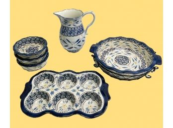 Temptations Presentable Ovenware By Tara-Old World-Pitcher, Three 5' Bowls, Muffin Pan And Bowl With Stand
