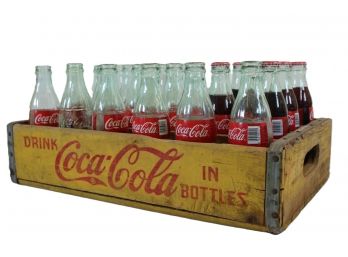 Full Case Of Coca-Cola Bottles In Vintage Yellow Wood Crate From New Haven Conn.