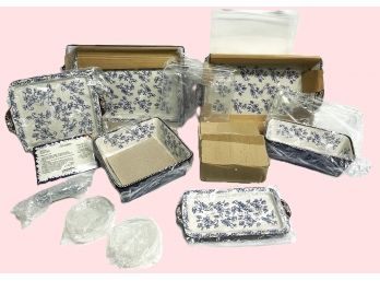 NOS Temptations Presentable Ovenware By Tara-Floral Lace Pattern-Over Ten Pieces W Rectangle Stand & Lids