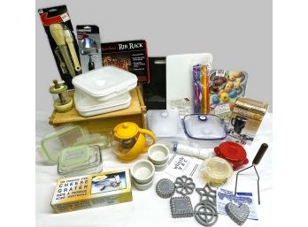 Lot Of Kitchen Essentials-Nordic Ware, Farberware, Two NOS Cutting Boards, Wood Bread Box, Grater & More